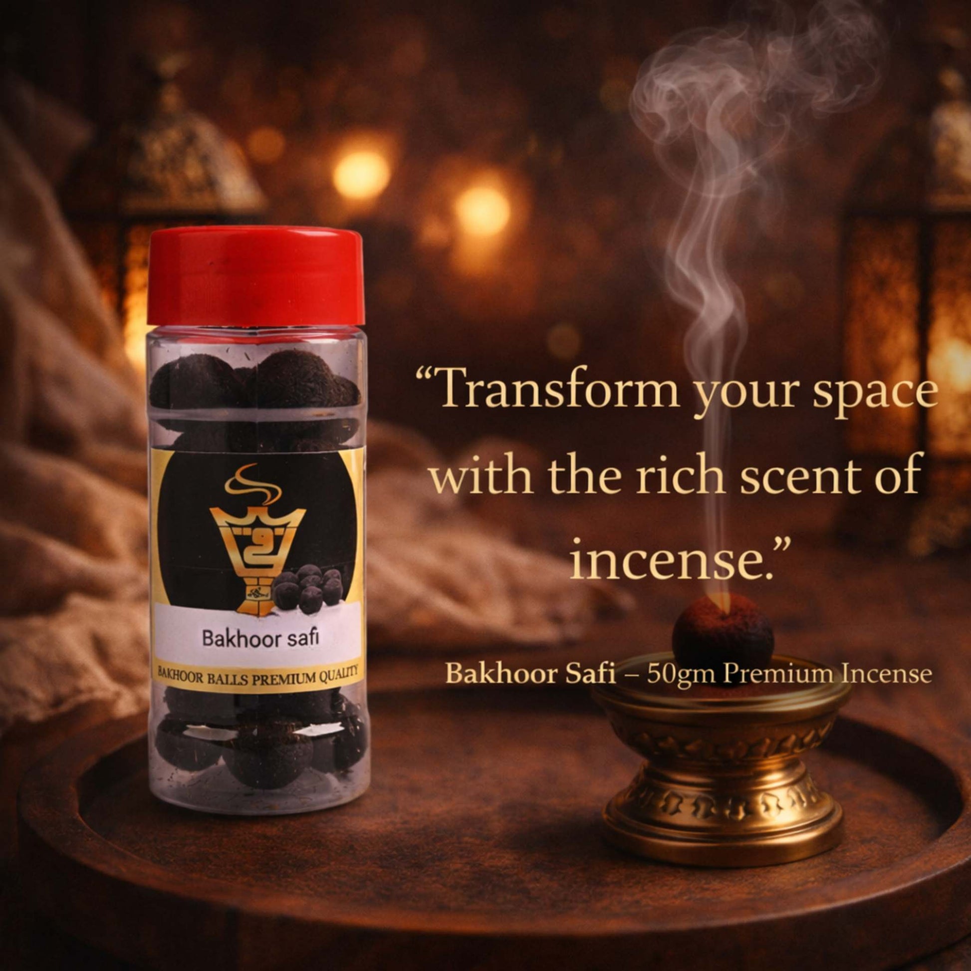 Bottle of Bakhoor Safi incense with a lit incense stick on a wooden tray, surrounded by warm lighting.