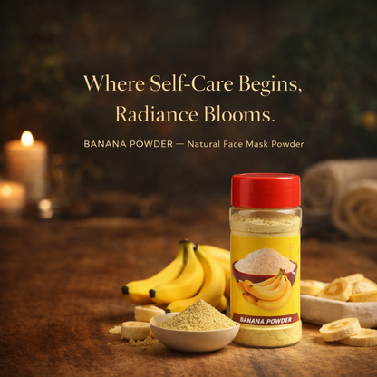 Banana powder product with bananas and text on a warm-toned background