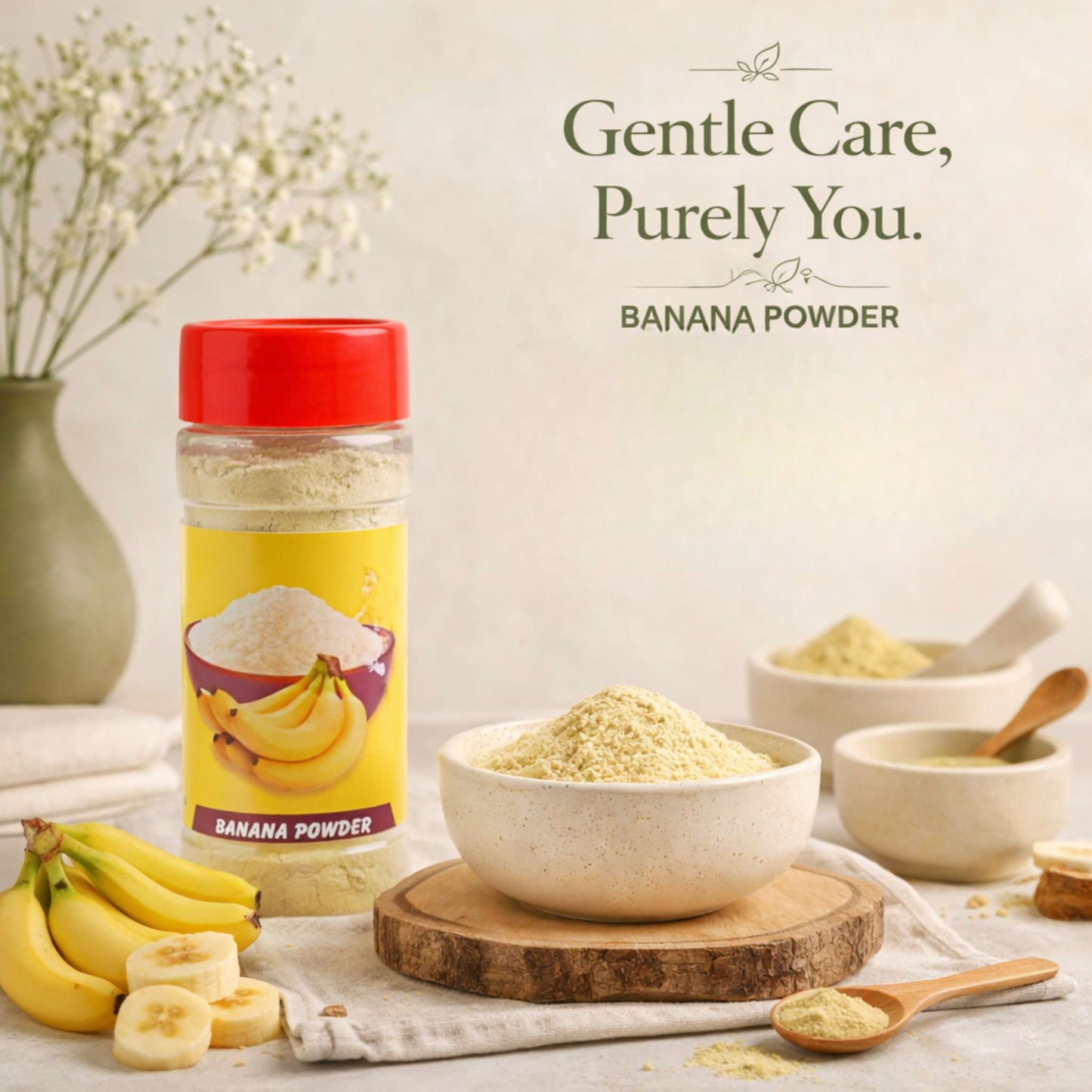 Banana powder with a bottle, bowl, and bananas on a light background