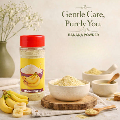 Banana powder with a bottle, bowl, and bananas on a light background