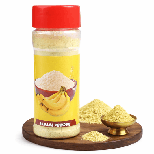 Jar of banana powder with a red lid on a white background