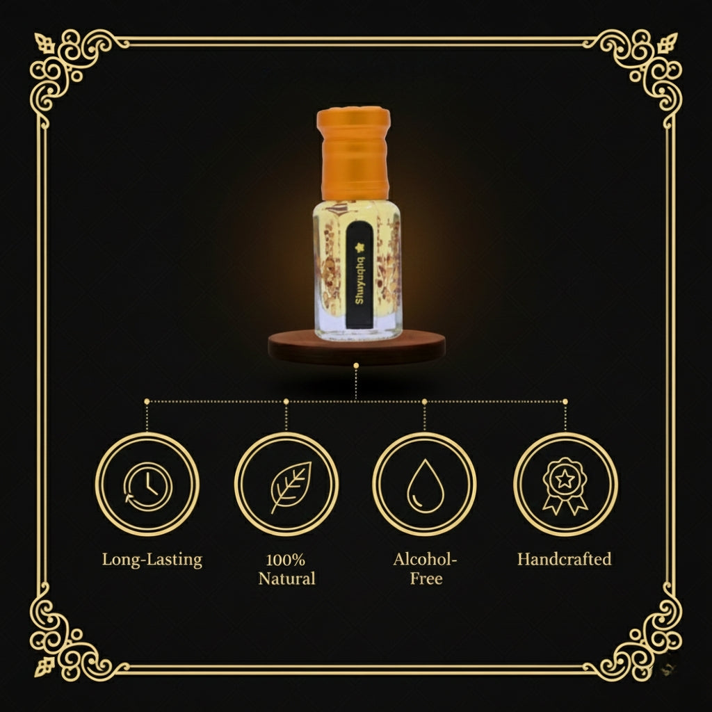 Bottle of perfume with decorative frame and icons indicating features on a dark background