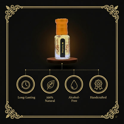 Bottle of perfume with decorative frame and icons indicating features on a dark background