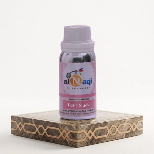 Bottle of Al-Naqi Berry Magic perfume on a decorative stand with a white background