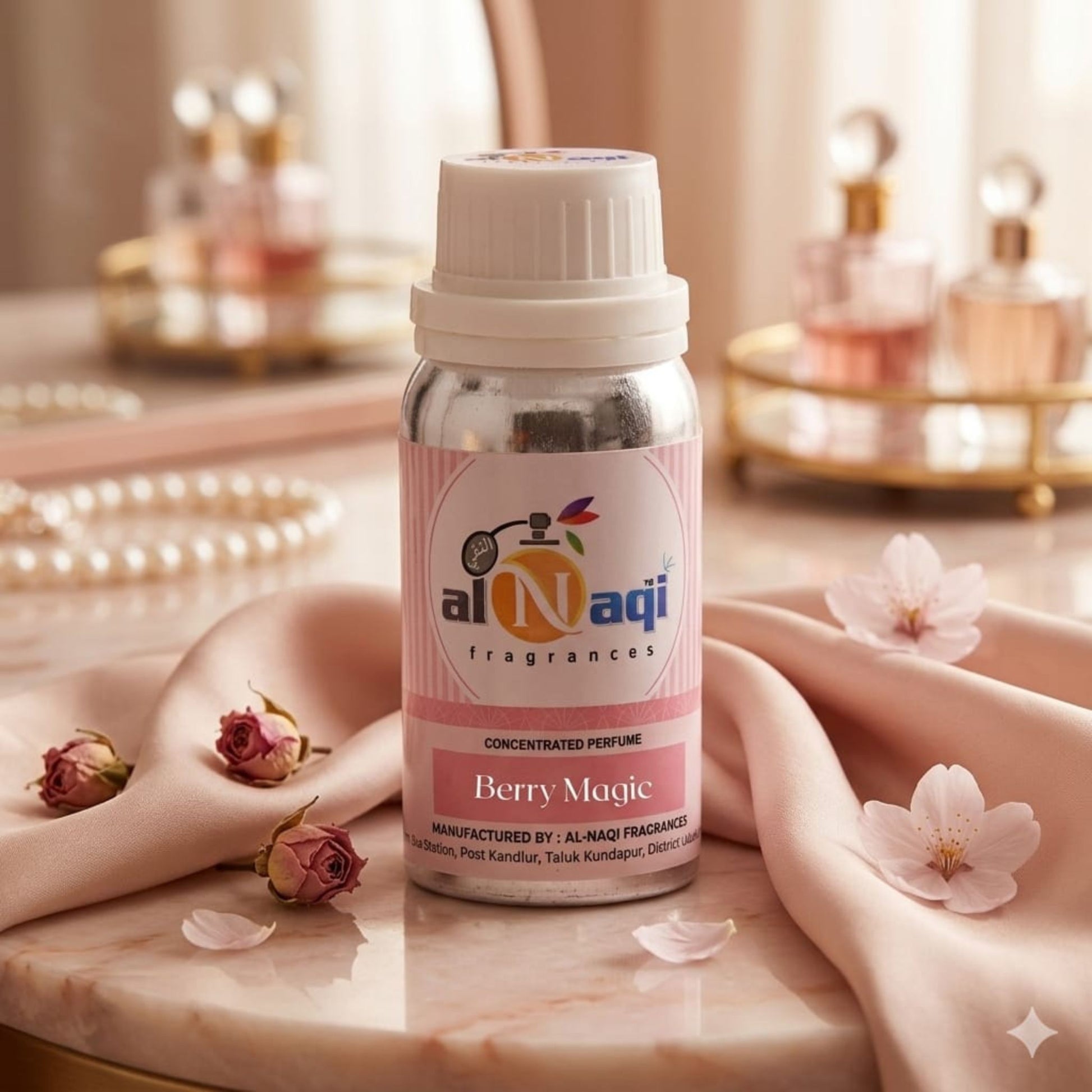 Al-Naqi Berry Magic perfume bottle on a decorative surface with flowers