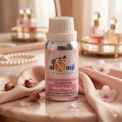 Al-Naqi Berry Magic perfume bottle on a decorative surface with flowers