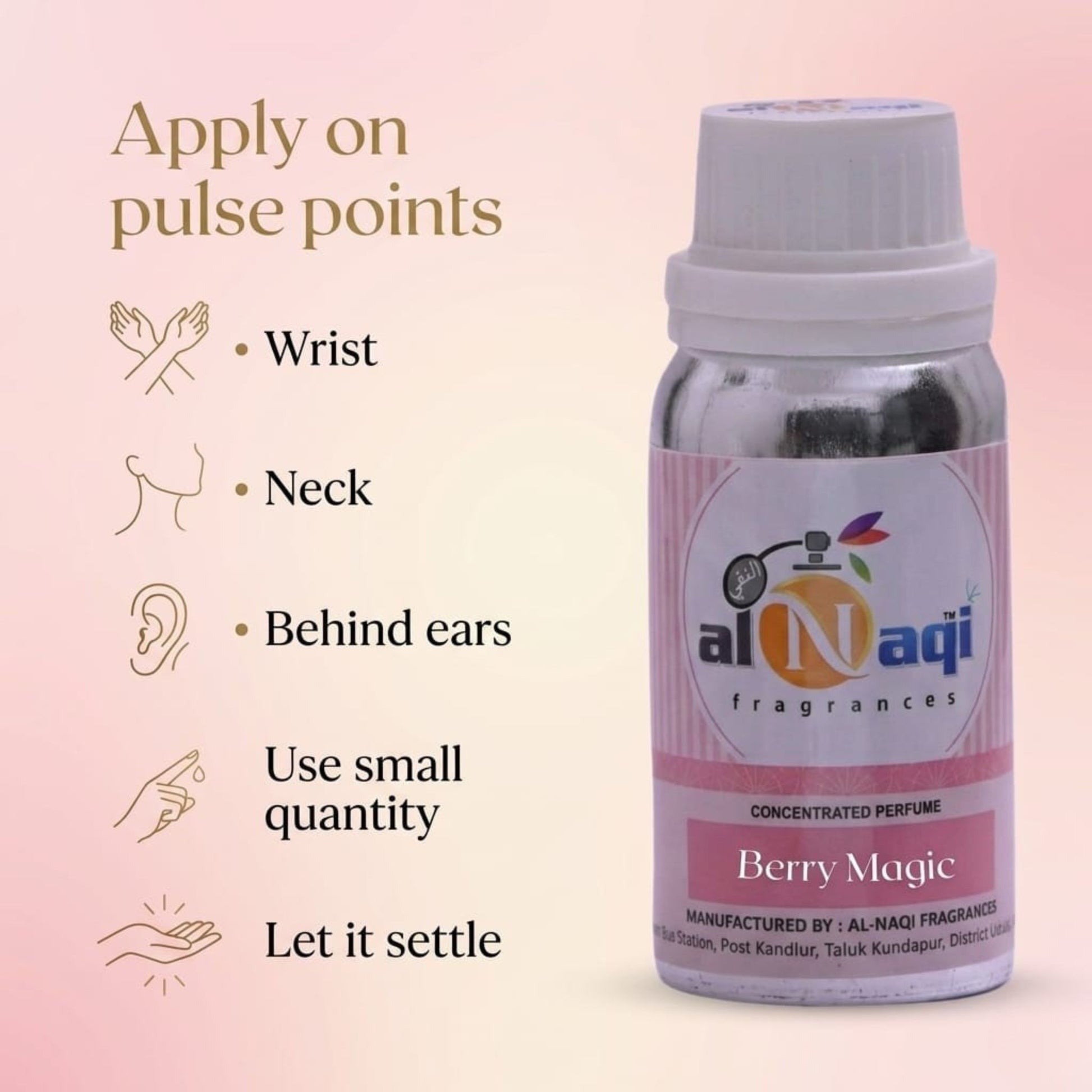 Bottle of Al-Naqi fragrances with usage instructions on a pink background