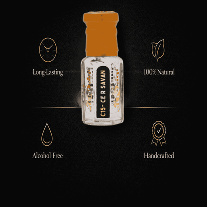 Perfume bottle with floral and woody notes displayed