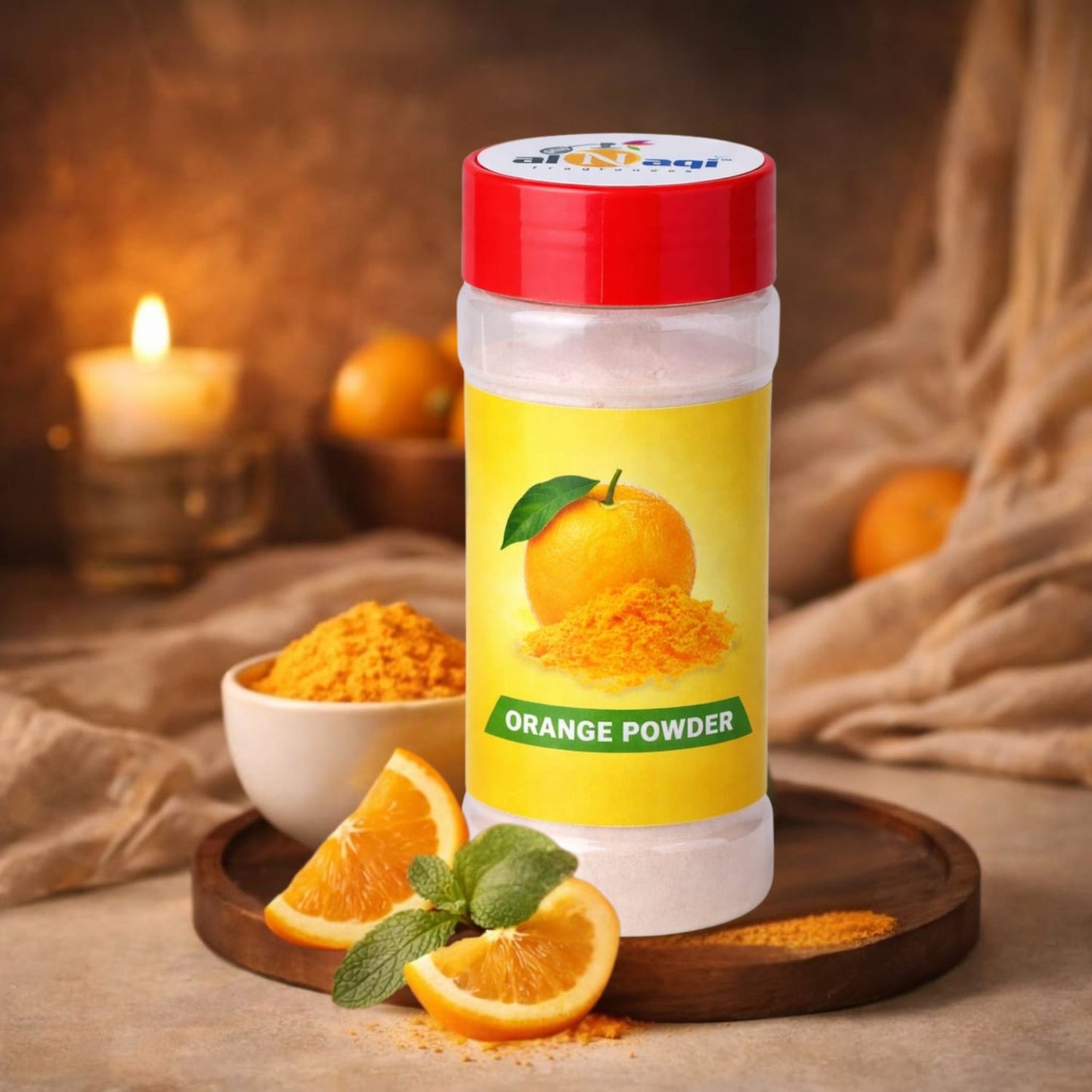 Container of orange powder with a yellow label on a wooden surface with oranges and a candle.
