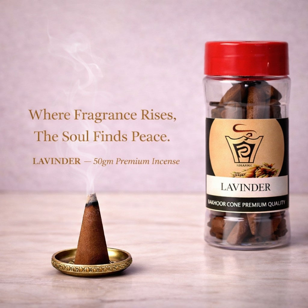 Lavender incense cone with a bottle of incense on a light background