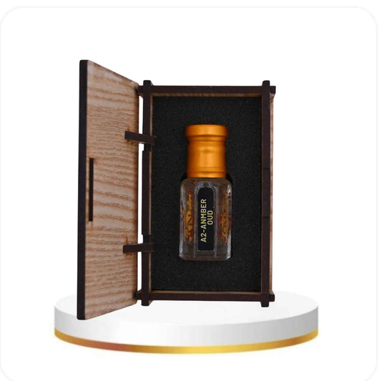 Perfume bottle in a wooden box on a white background