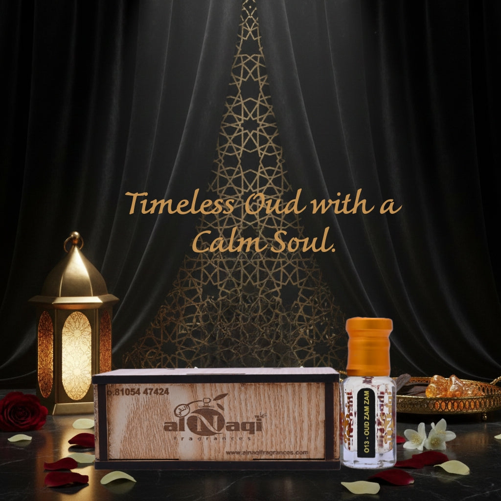 alNagi perfume bottle with wooden box and decorative elements on a dark background