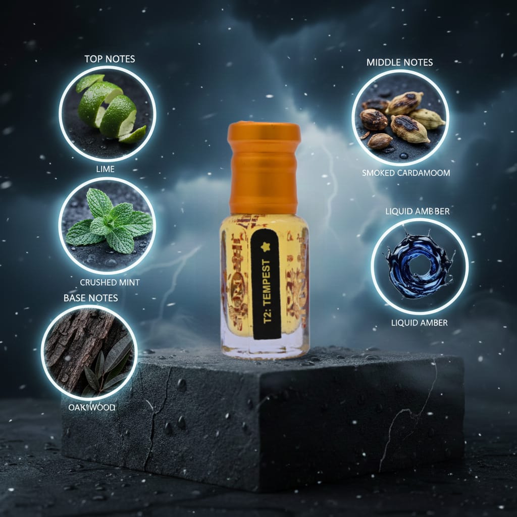 Bottle of T2 Tempest with notes on a dark background