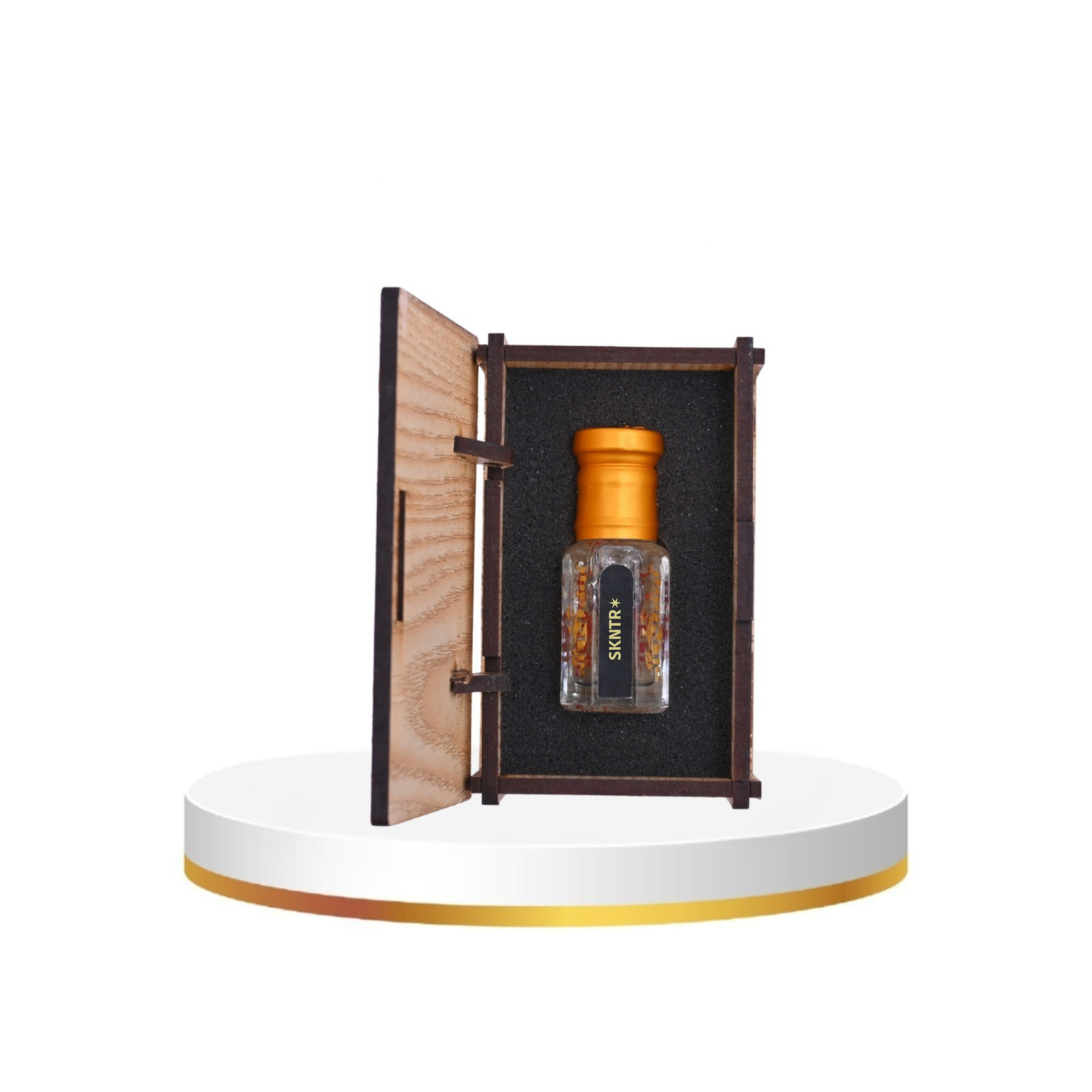 Decorative bottle with wooden cap in an open wooden box on a white platform