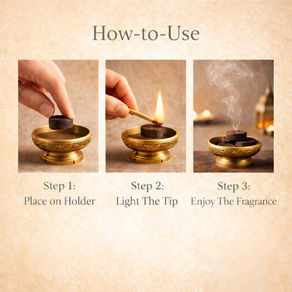 Step-by-step guide on how to use a small brass incense holder with a wooden stick.