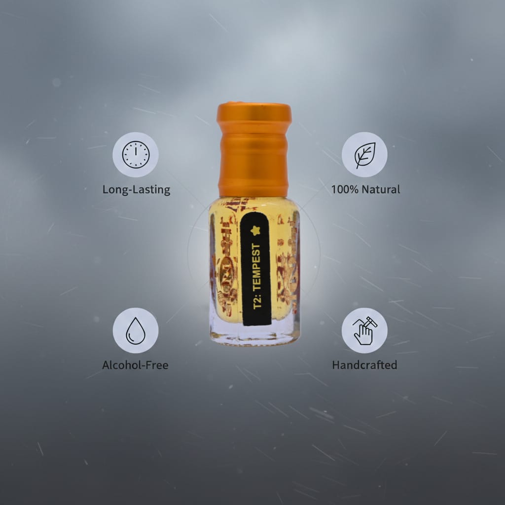 Small bottle with an orange cap on a gray background with icons and text indicating features.