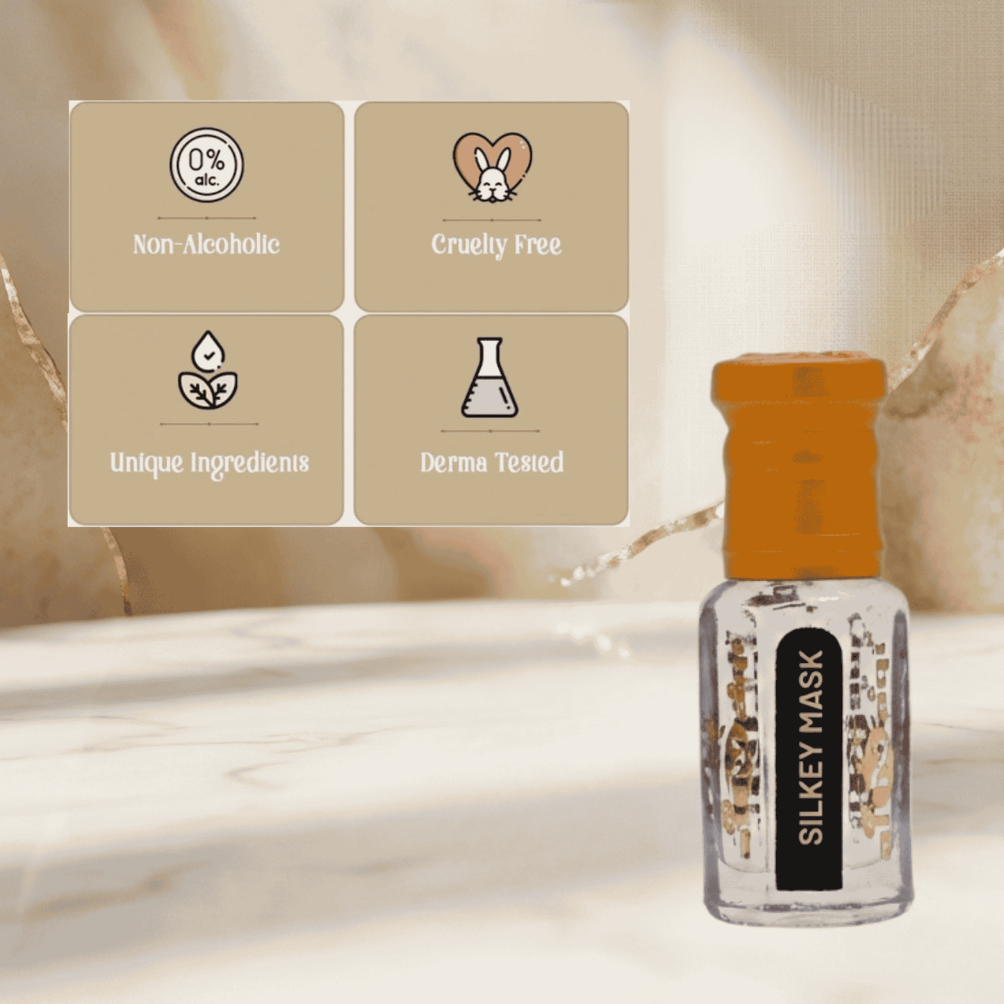 Silkey Mask bottle with certification icons on a neutral background