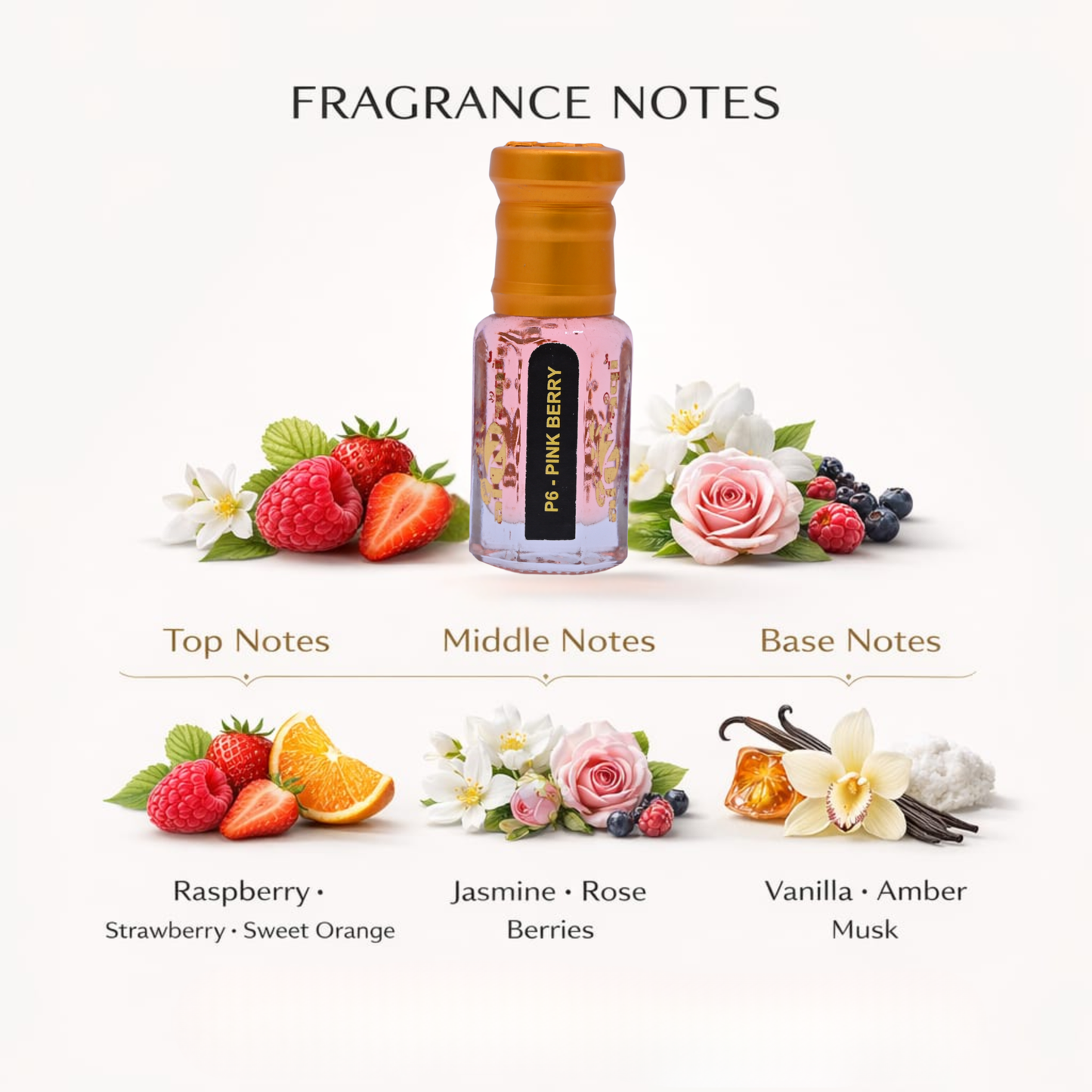 Fragrance bottle with floral and fruit elements labeled 'Pink Berry' on a white background.