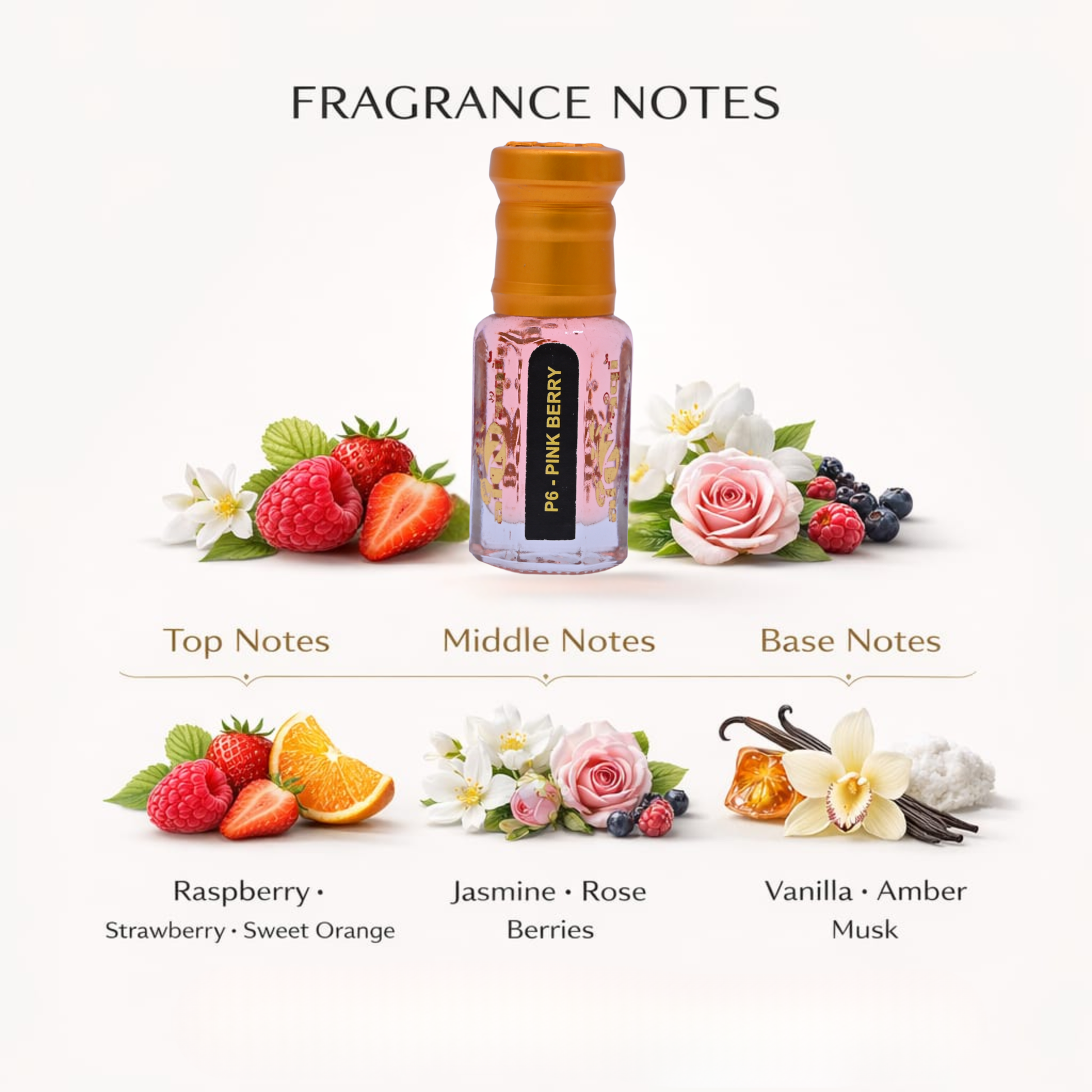 Fragrance bottle with floral and fruit elements labeled 'Pink Berry' on a white background.