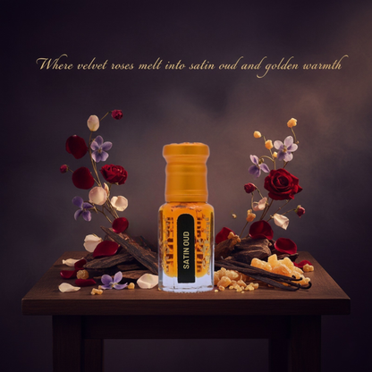 Scented oil bottle with flowers and vanilla beans on a dark background