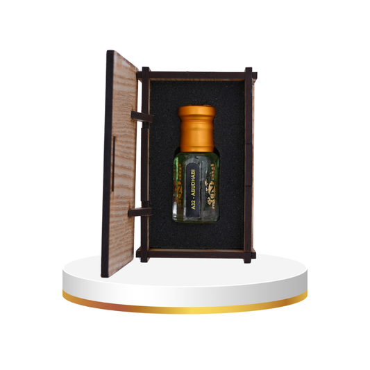 Elegant glass bottle of luxury fragrance on a wooden table