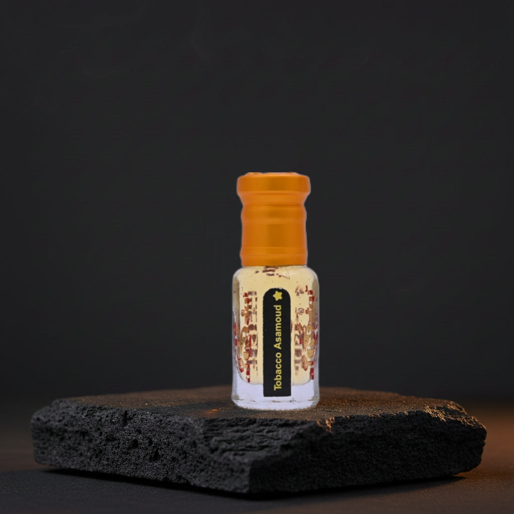 Tobacco Asamoud Attar premium glass bottle close view