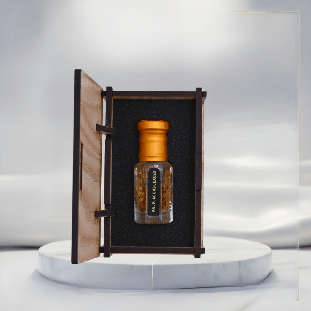 Luxurious fragrance bottle with a dark, sophisticated design.
