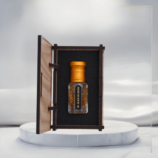 Luxurious fragrance bottle with a dark, sophisticated design.
