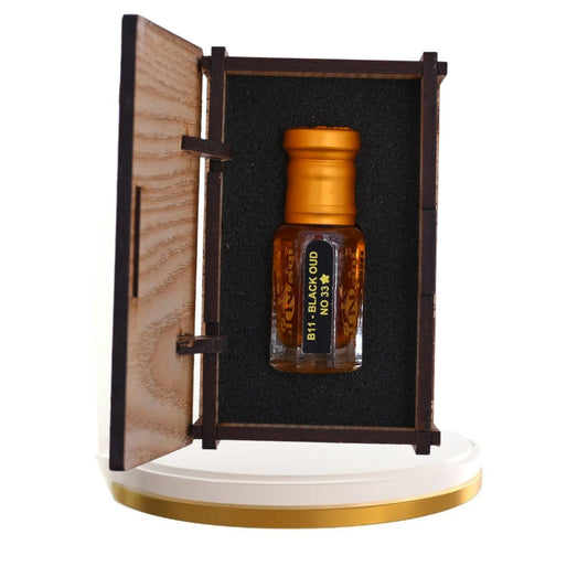 Exquisite bottle of luxury attar with deep, smoky fragrance notes