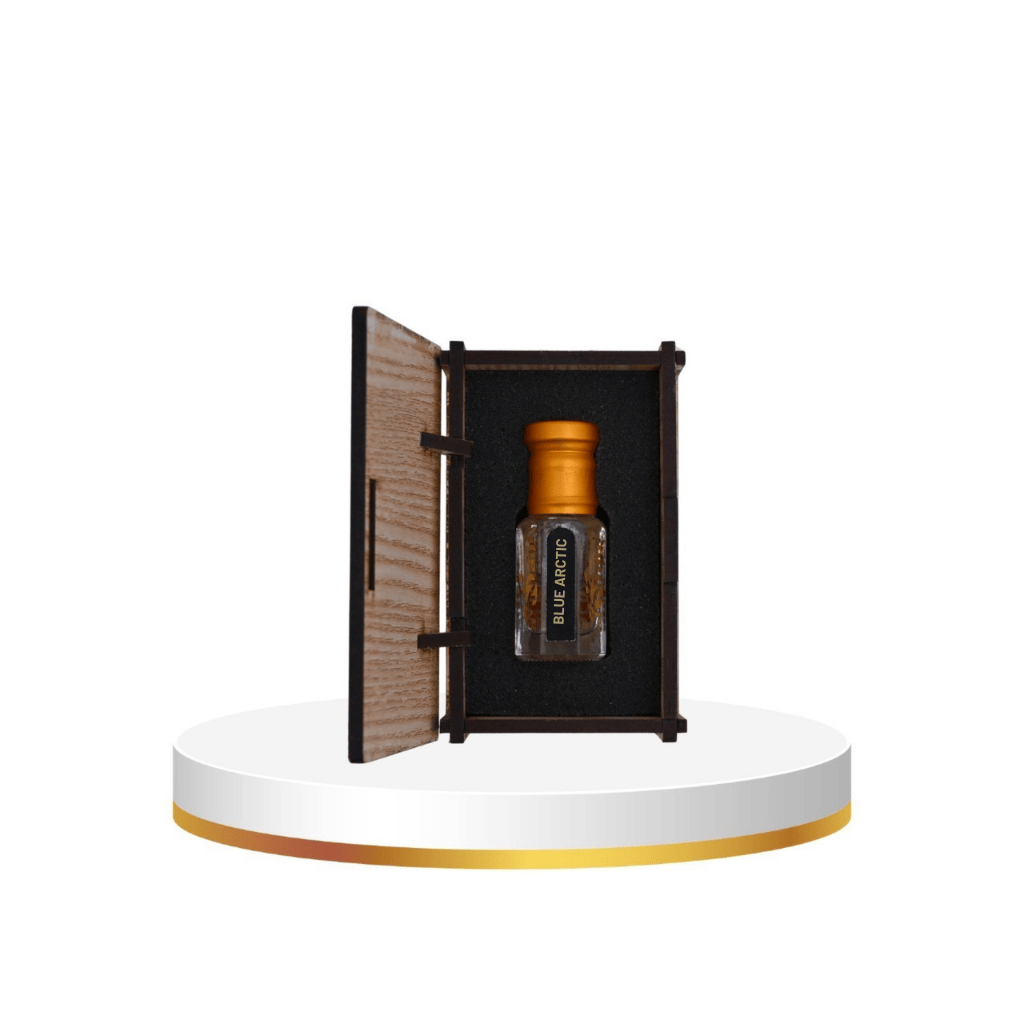 Bottle with wooden cap in an open wooden box on a white platform