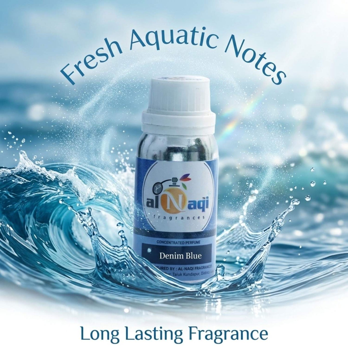 Perfume bottle with 'al-Naqi' label in water, labeled 'Denim Blue', with 'Fresh Aquatic Notes' text.