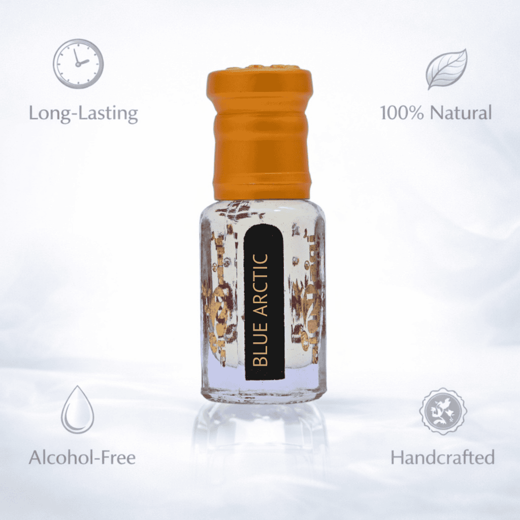 Bottle of Blue Arctic product with features listed on a white background