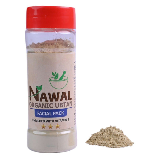 Jar of Nawal Organic Ubtan facial pack with a red lid on a white background
