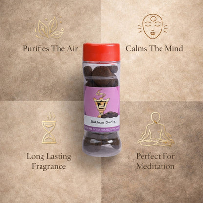 Bottle of Bakhoor Dania with text on a beige background