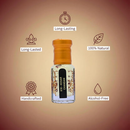 Bottle of Kud Kesar Chandan with icons and text on a brown background