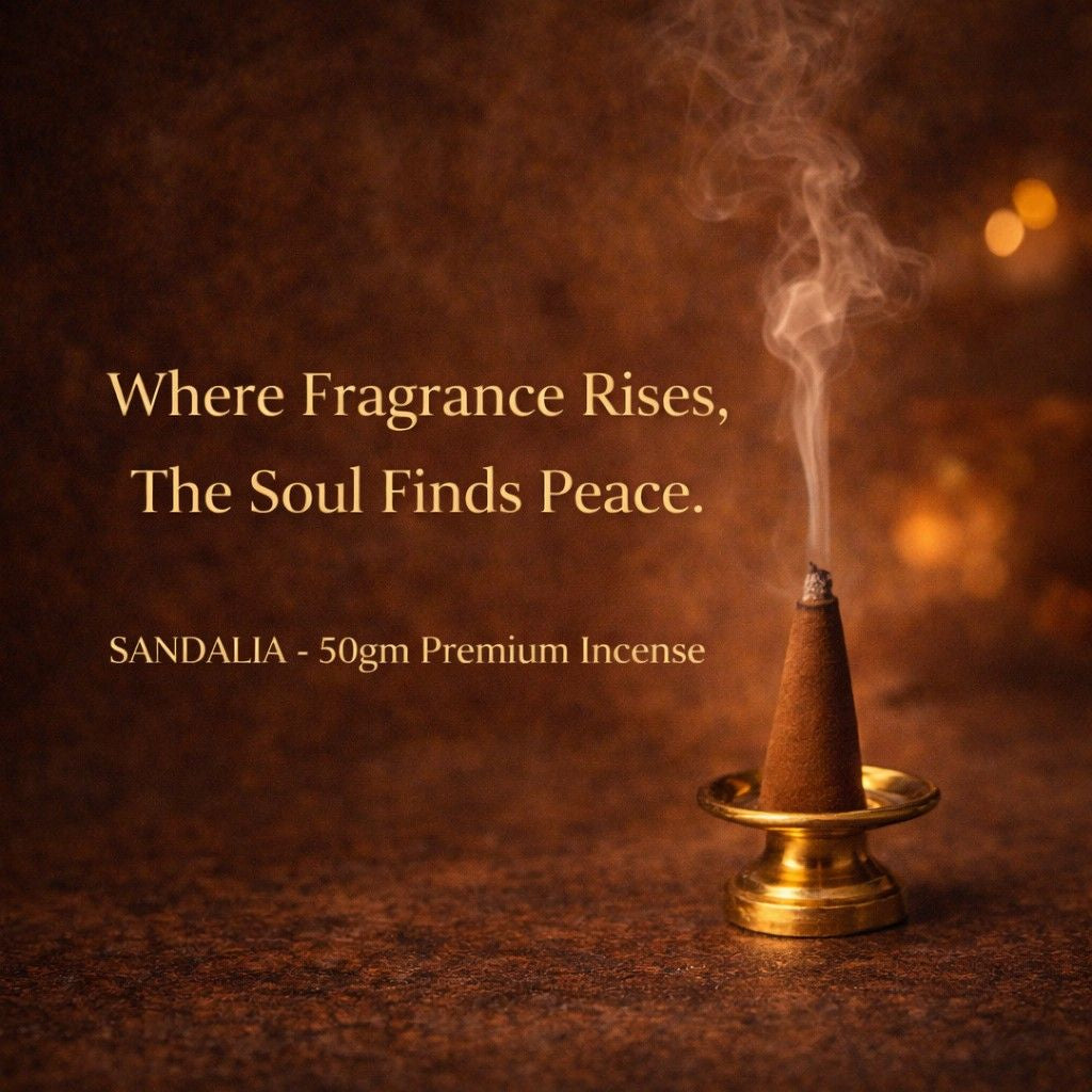 Incense cone with smoke on a dark background with text 'Where Fragrance Rises, The Soul Finds Peace.'