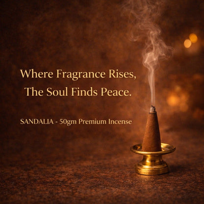 Incense cone with smoke on a dark background with text 'Where Fragrance Rises, The Soul Finds Peace.'