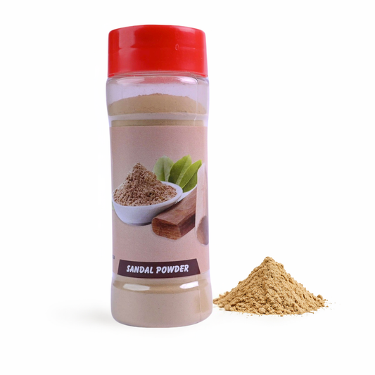 Bottle of sandal powder with a red cap on a white background