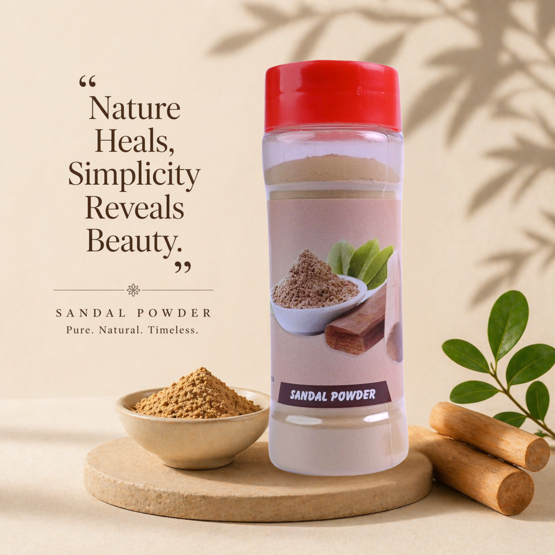 Bottle of sandal powder with a red cap on a beige background, featuring text 'Nature Heals, Simplicity Reveals Beauty'.