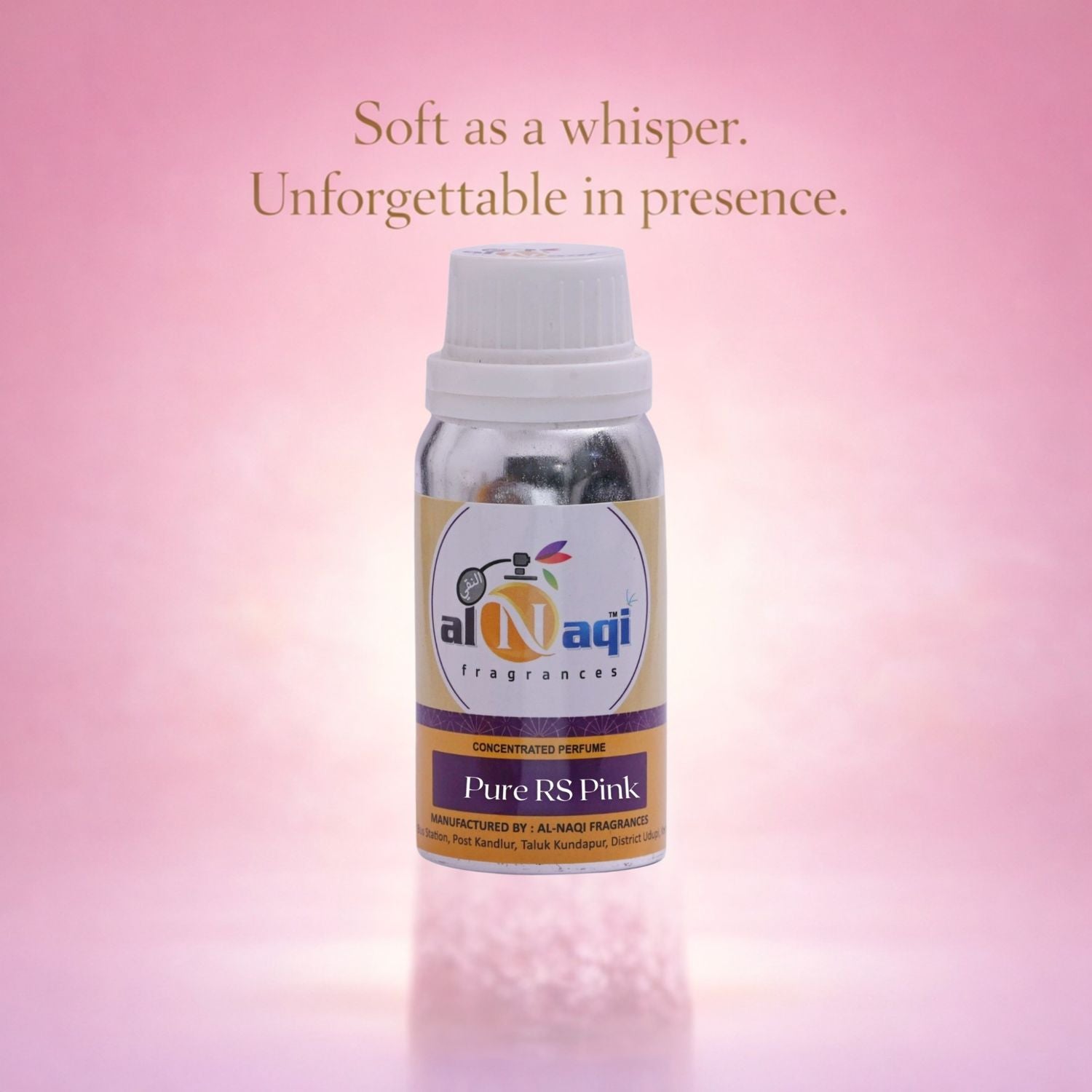 Bottle of Al-Naqi Pure RS Pink perfume with a pink gradient background and text.