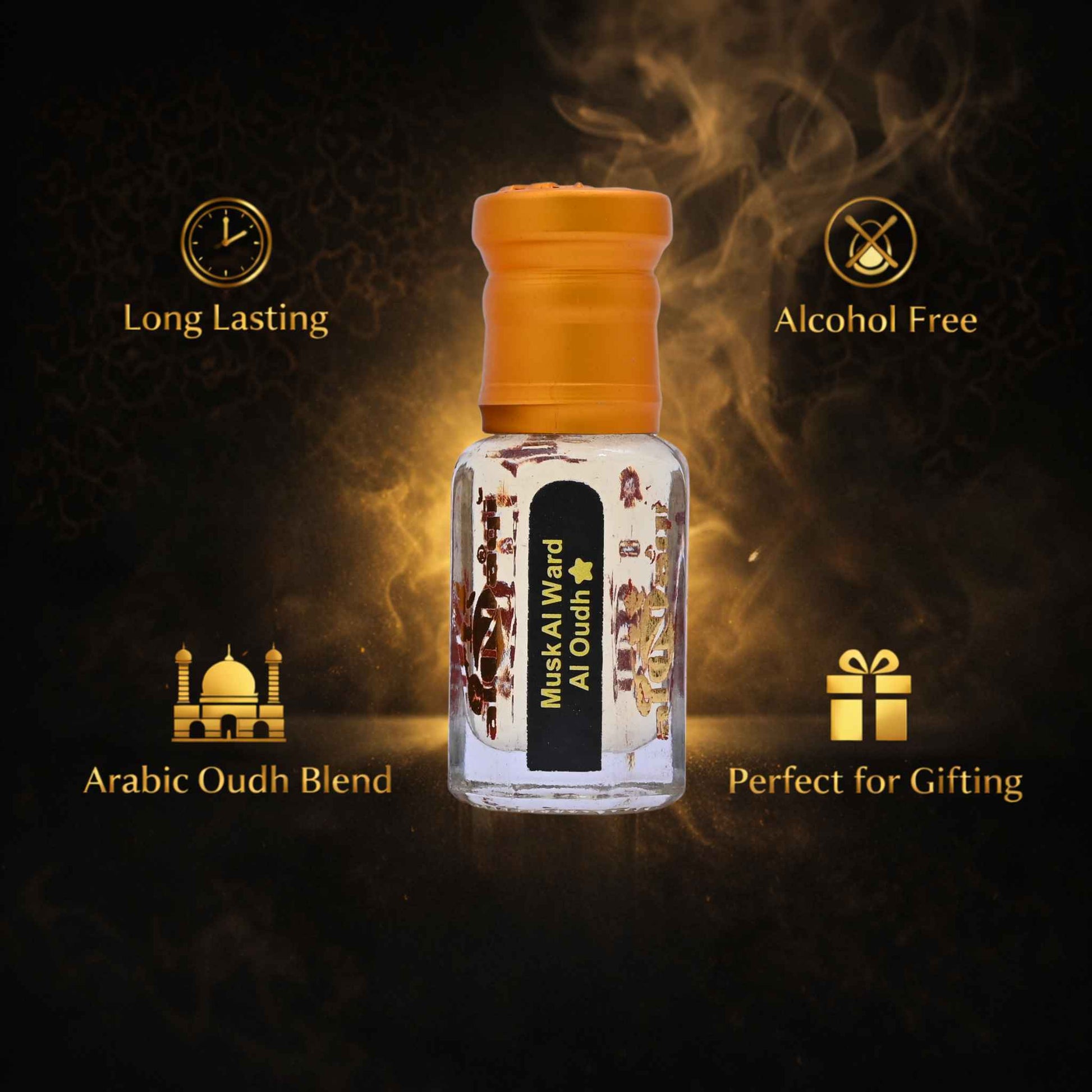 Musk Al Ward Al Oudh bottle with features on a dark background