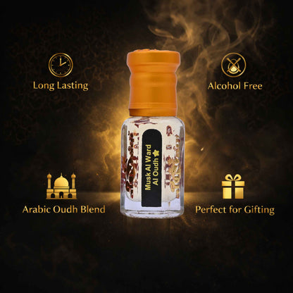 Musk Al Ward Al Oudh bottle with features on a dark background