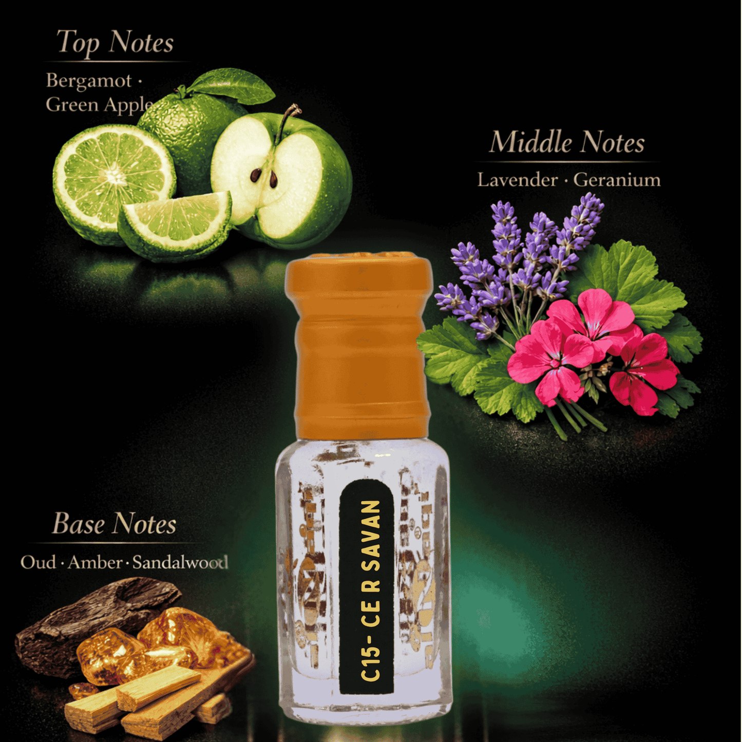 Luxurious scent bottle with rich amber and oud colors