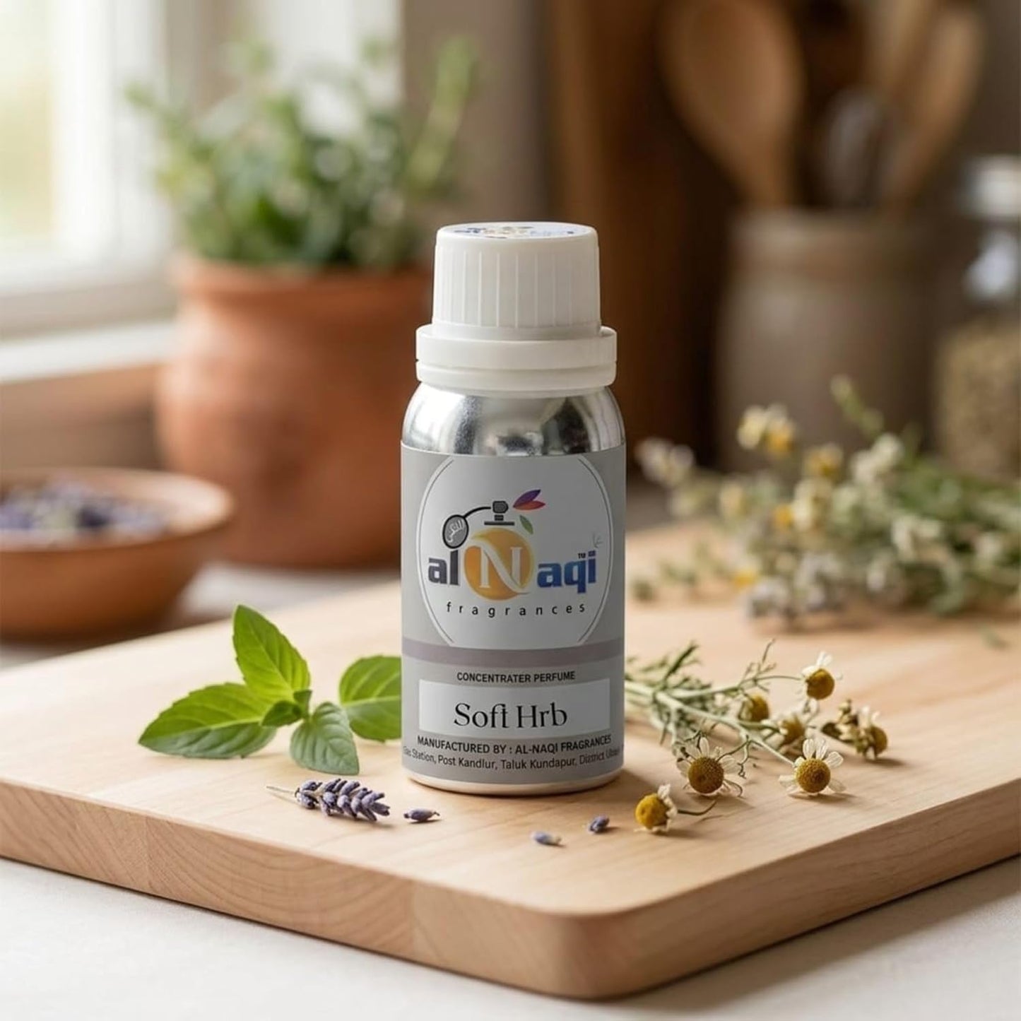 Bottle of Al Naji Soft Herb perfume on a wooden cutting board with herbs and flowers.