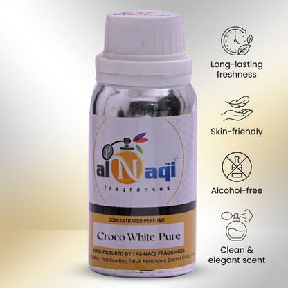 Bottle of Croco White Pure perfume by al-Naqi on a gradient background with product features listed.