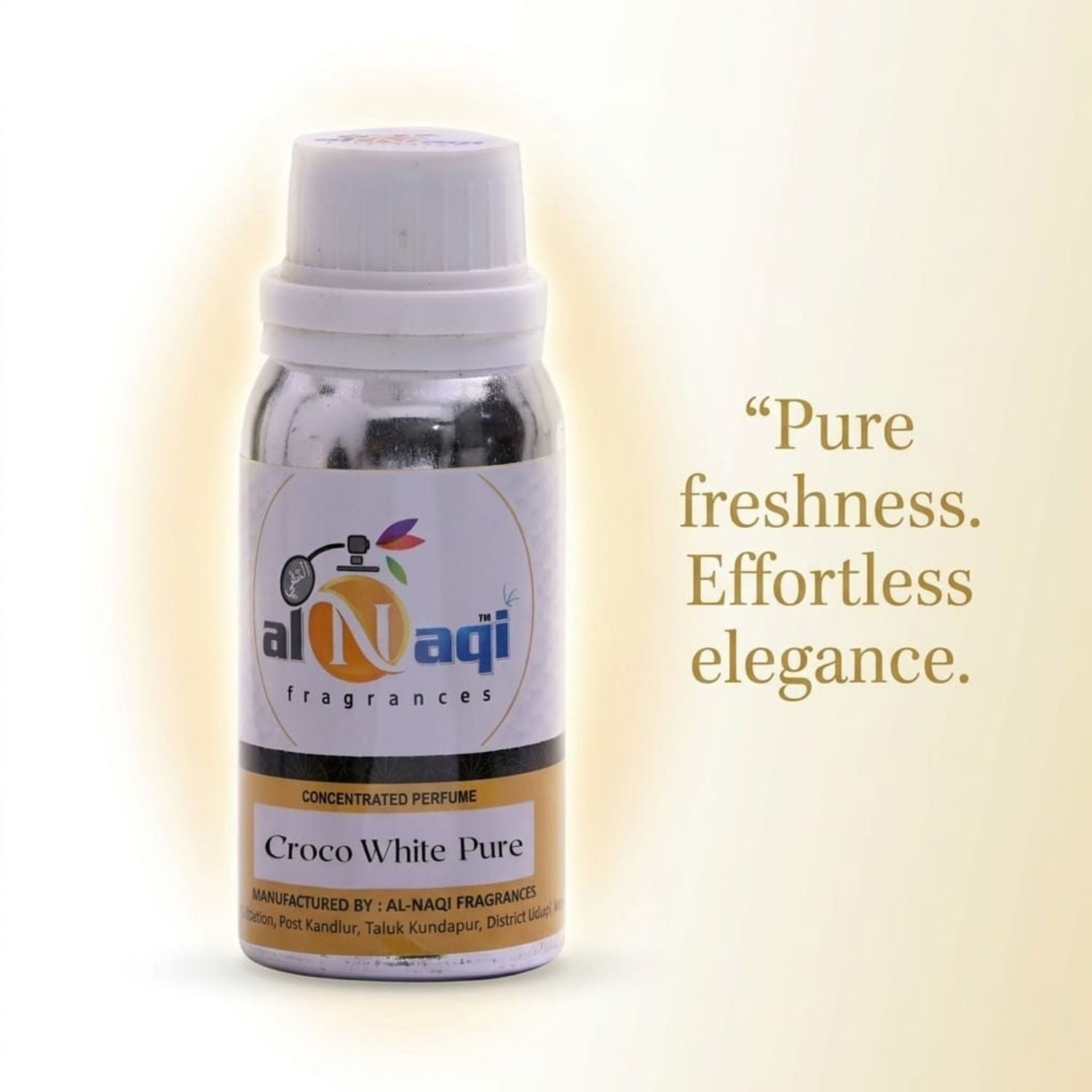 Perfume bottle with 'al-Naqi fragrances' label on a white background