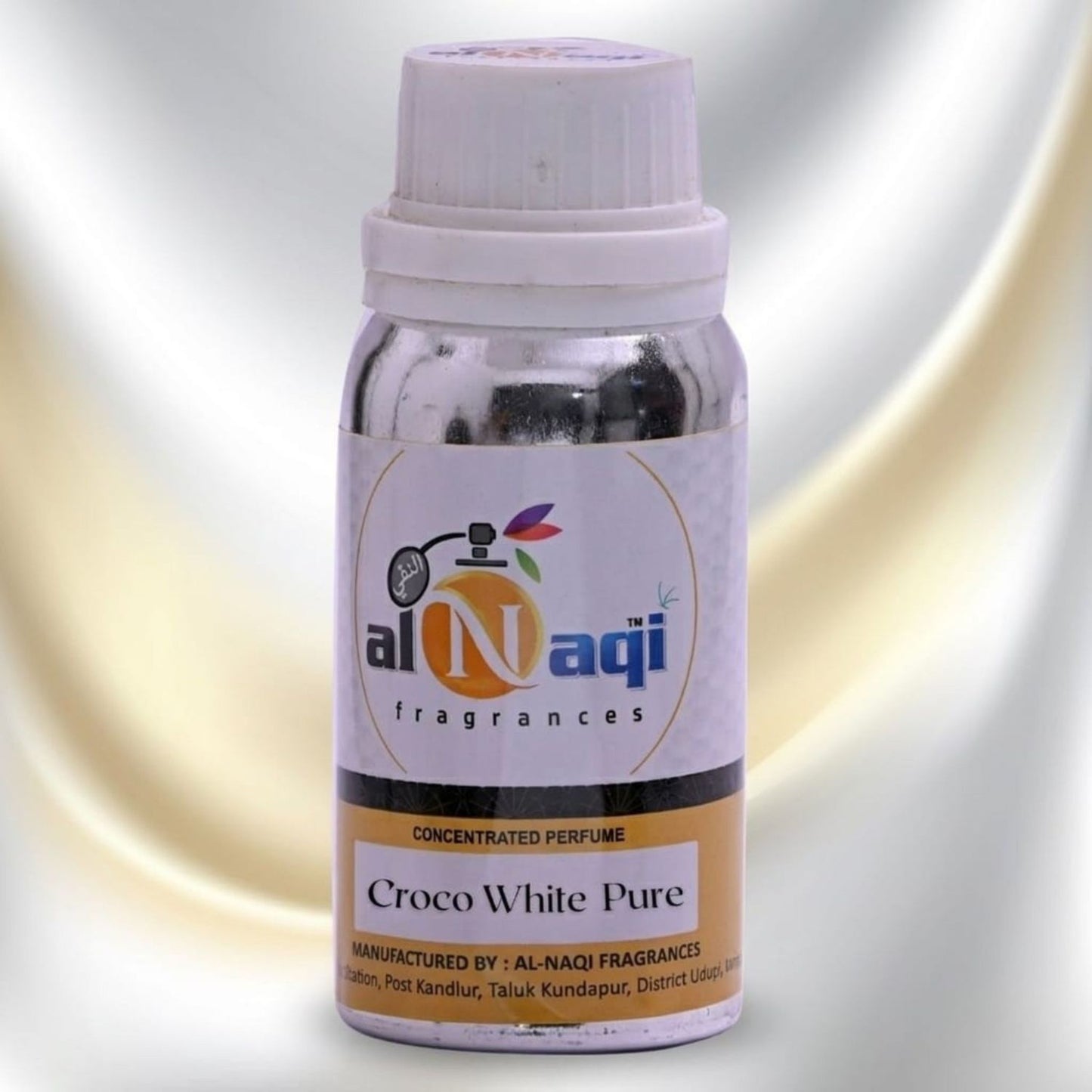 Bottle of Croco White Pure perfume by Al-Naqi Fragrances on a gradient background