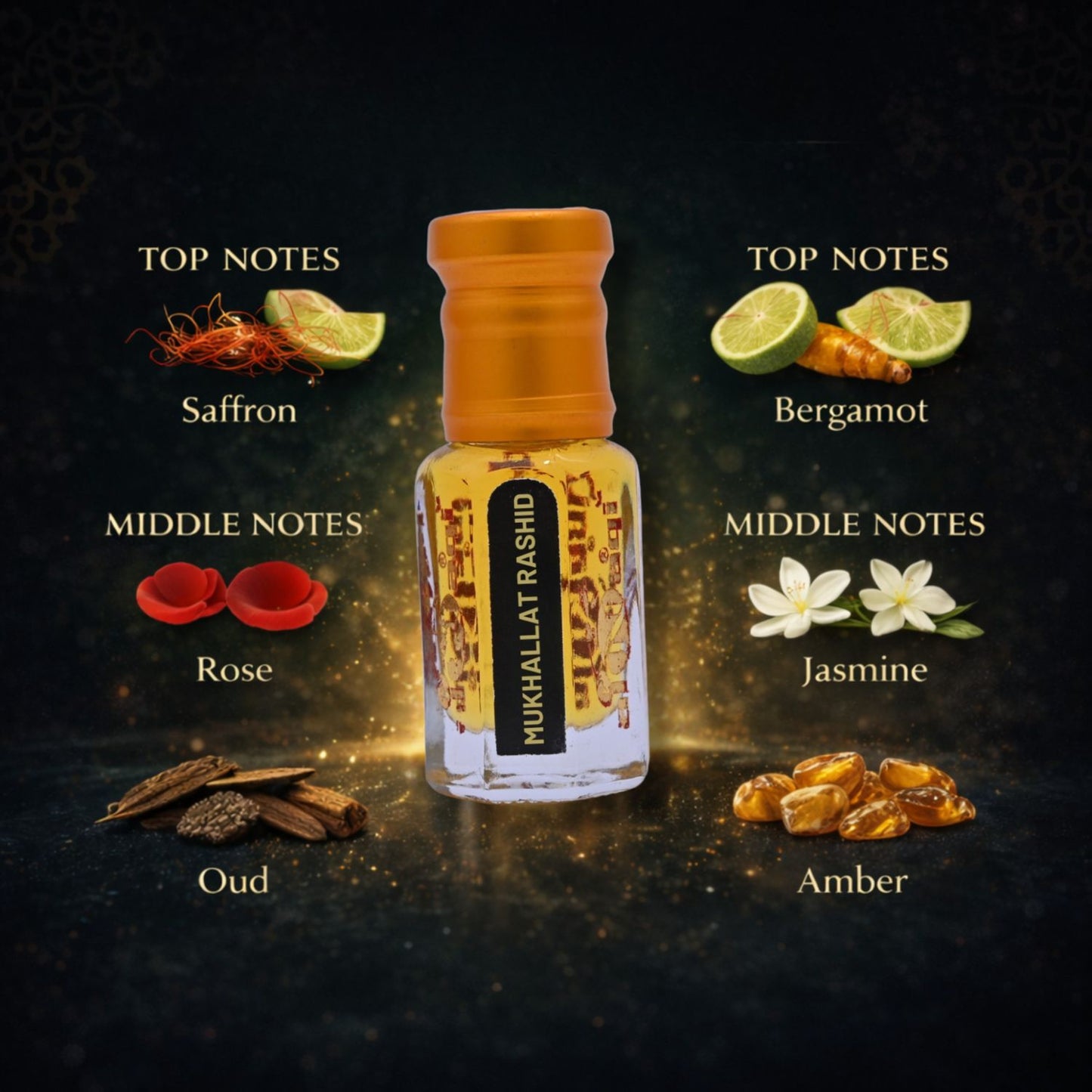 Bottle in a wooden box with 'Long Lasting', 'Alcohol Free', and 'Natural Ingredients' icons on a beige background.