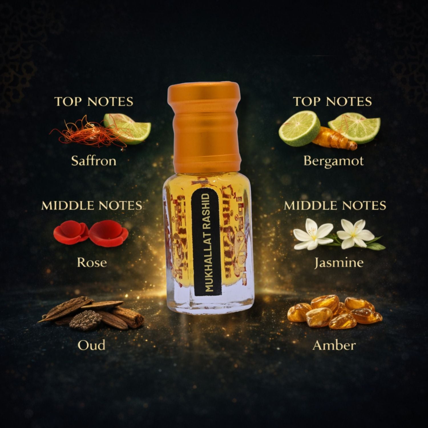 Bottle in a wooden box with 'Long Lasting', 'Alcohol Free', and 'Natural Ingredients' icons on a beige background.