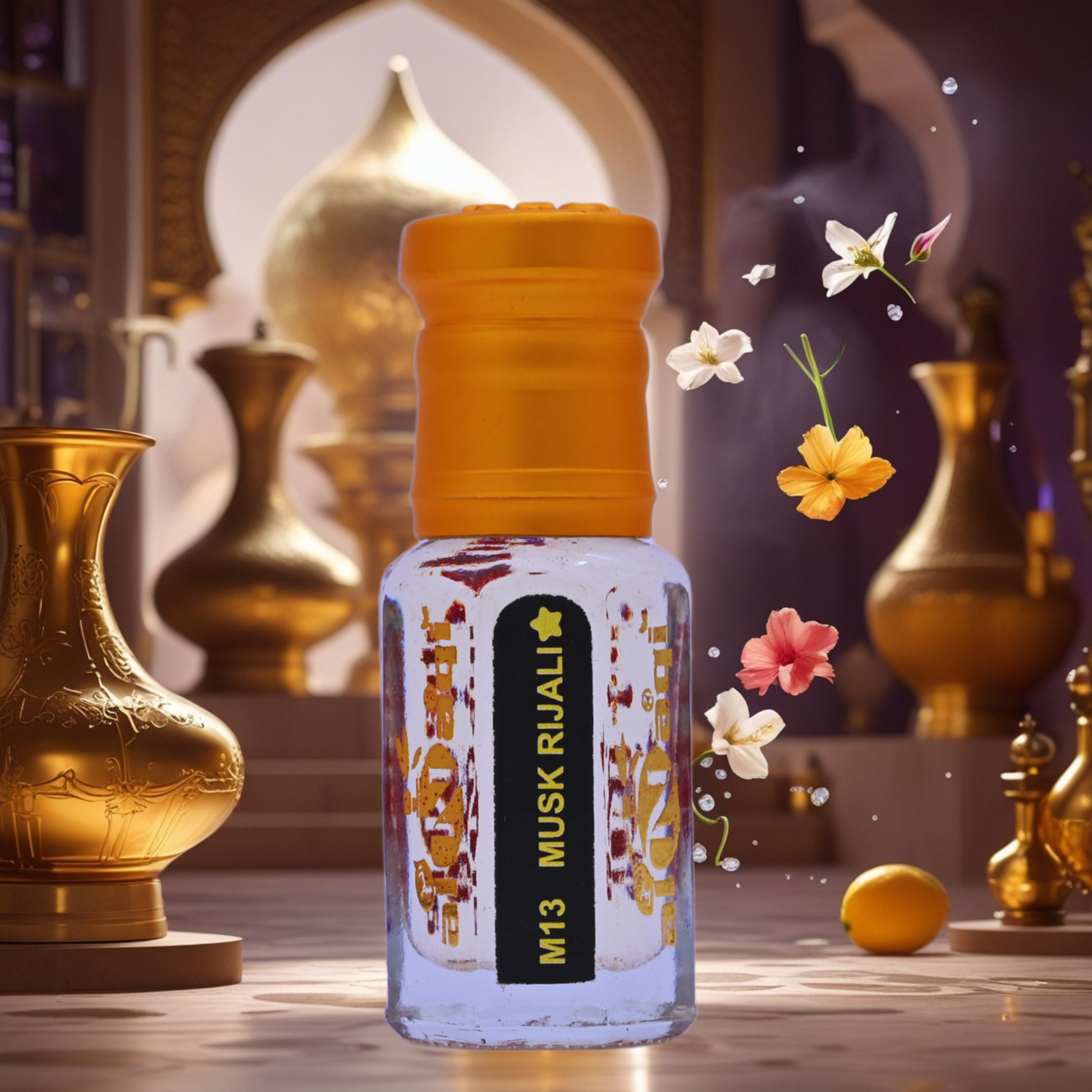 Close-up of a perfume bottle with a golden cap, reflecting soft ambient light
